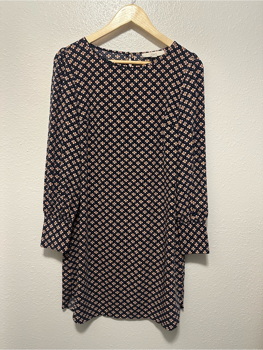 LOFT Navy Shift Dress with Pink Geo Print